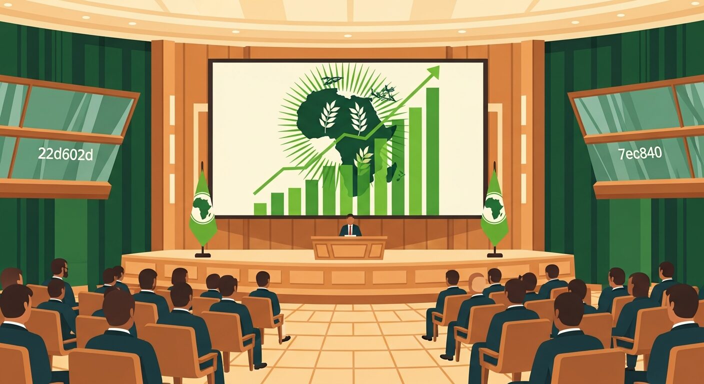Illustration of a conference room at the African Union headquarters with rows of diplomats facing a screen showing a map of Africa overlaid with rising green charts.