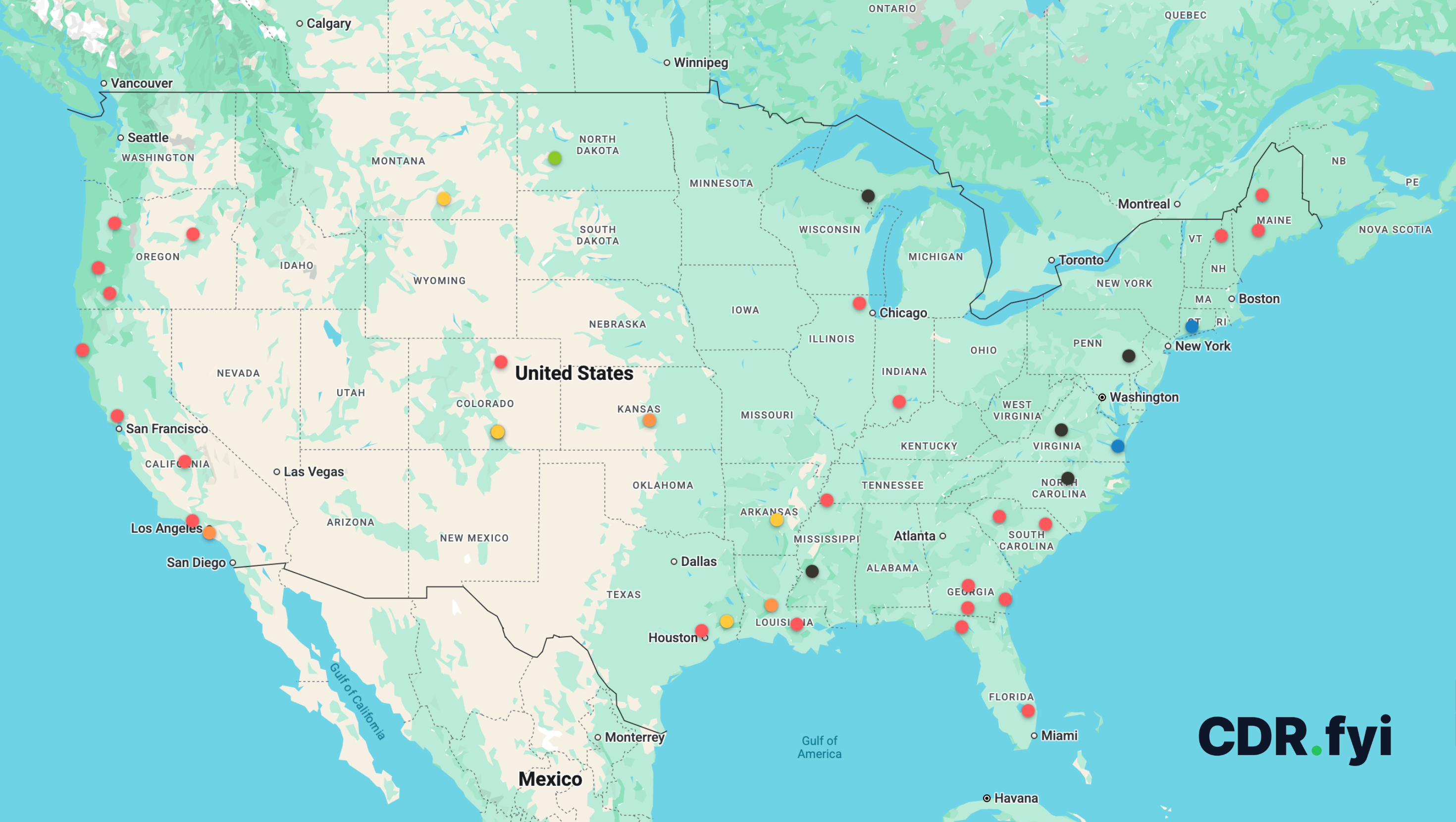CDR.fyi map showing locations of US carbon removal projects with issued credits, clustered around forestry, agricultural, and industrial regions rather than urban centers.