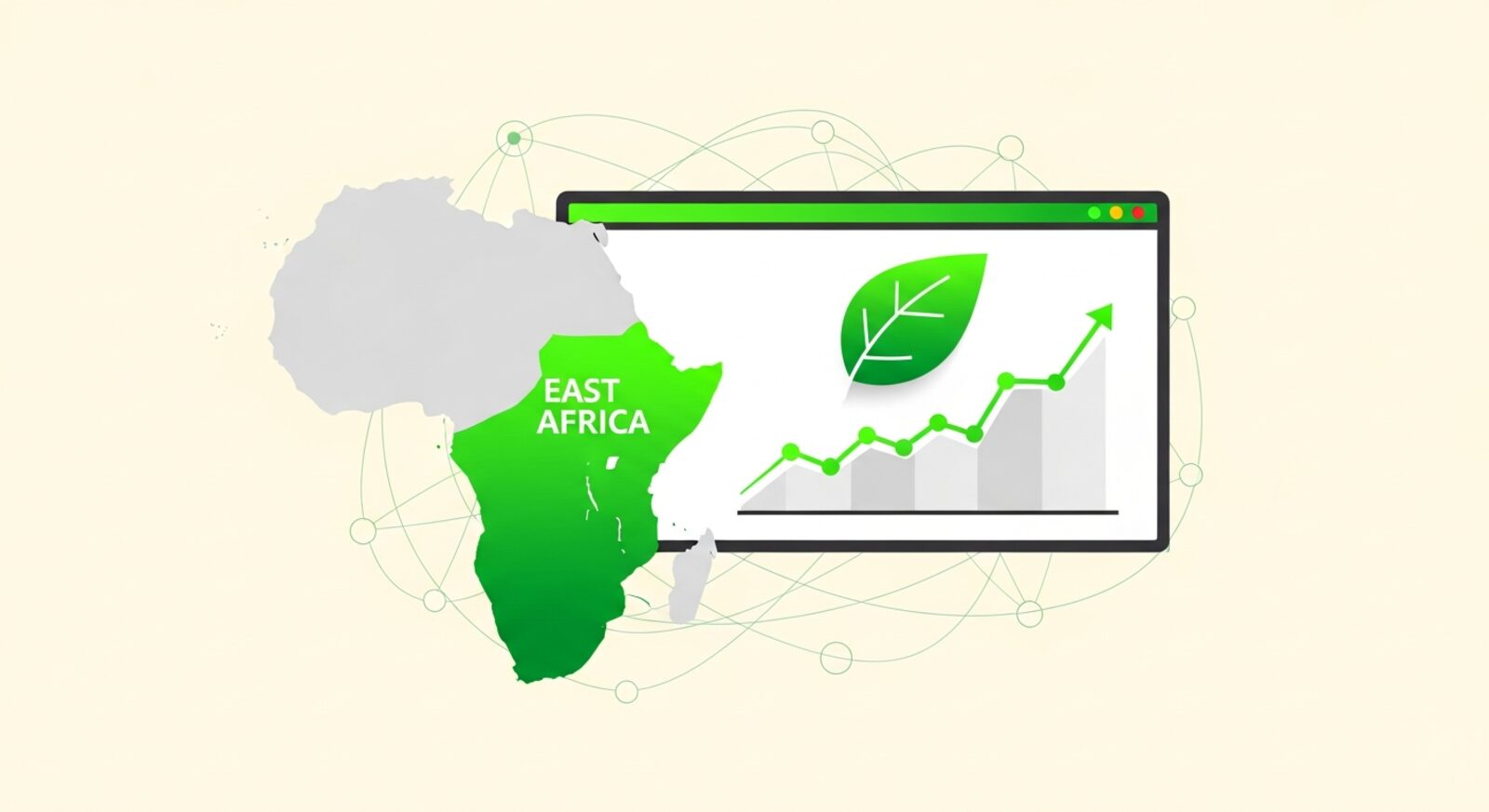 Flat-design illustration of a digital carbon credit marketplace concept for East Africa, with a rising chart and a leaf motif.