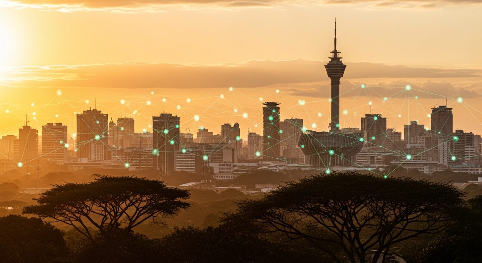 Illustration of the Nairobi skyline overlaid with a digital network of connected nodes, representing Kenya's new national carbon registry.